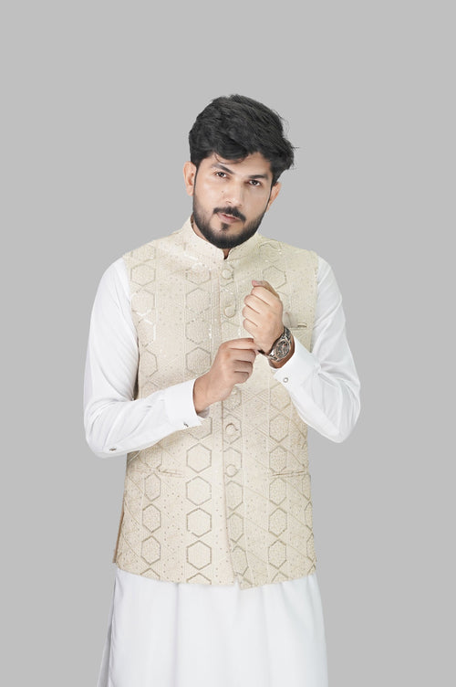 Beige Embroidered Waistcoat with White Kurta Suit – Festive Collection Grace One Tailors