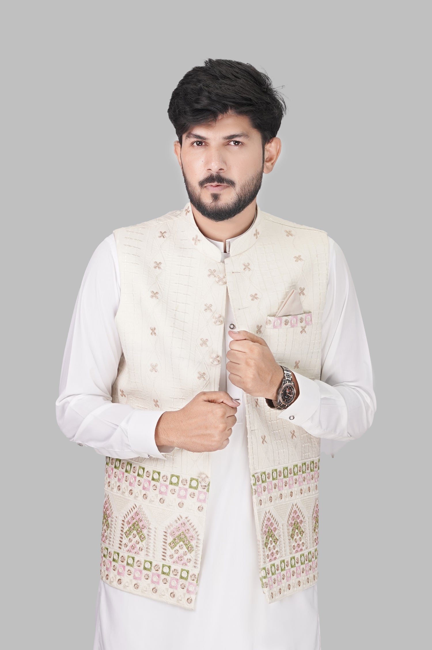 Beige Embroidered Waistcoat with White Kurta Suit – Festive Collection Grace One Tailors