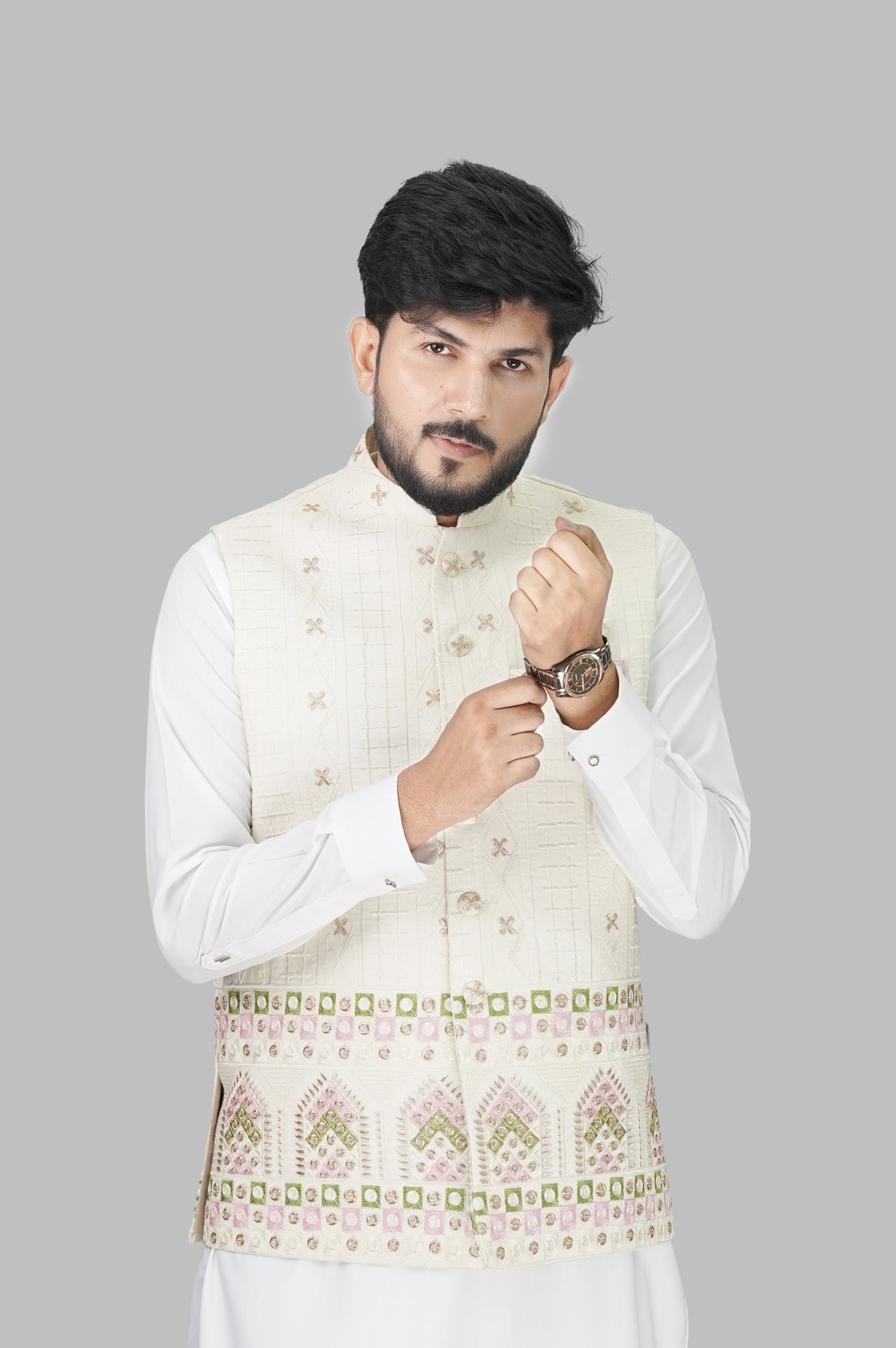 Beige Embroidered Waistcoat with White Kurta Suit – Festive Collection Grace One Tailors